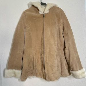 Sonoma Women’s Suede Acrylic Fur hooded Jacket, Beige